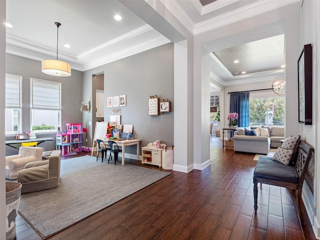1104 Isobel Reserve Ln, Tampa, FL 33613 - living room with a tray ceiling, dark wood-style floors, ornamental molding, baseboards, and recessed lighting