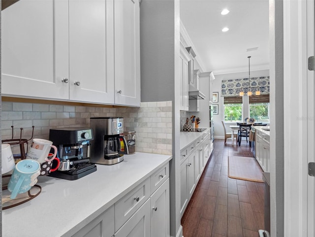 1104 Isobel Reserve Ln, Tampa, FL 33613 - kitchen with light countertops, white cabinetry, tasteful backsplash, dark wood finished floors, and recessed lighting