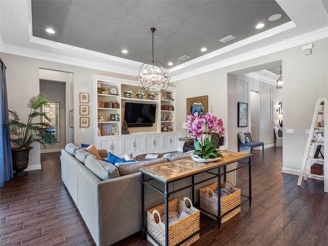 1104 Isobel Reserve Ln, Tampa, FL 33613 - living area with a raised ceiling, crown molding, dark wood-type flooring, a chandelier, and baseboards