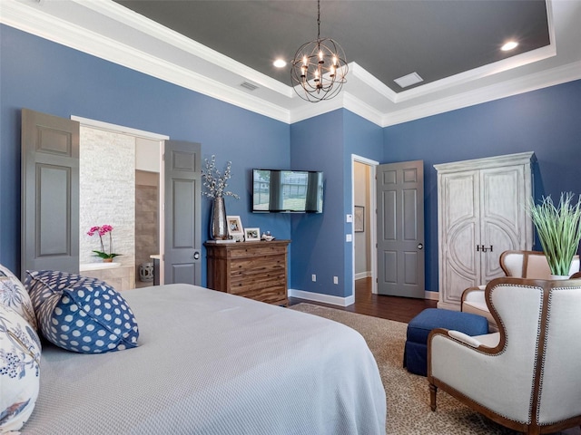 1104 Isobel Reserve Ln, Tampa, FL 33613 - bedroom featuring a chandelier, crown molding, baseboards, wood finished floors, and recessed lighting