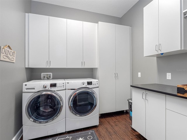 1104 Isobel Reserve Ln, Tampa, FL 33613 - laundry room with independent washer and dryer, cabinet space, and dark wood finished floors