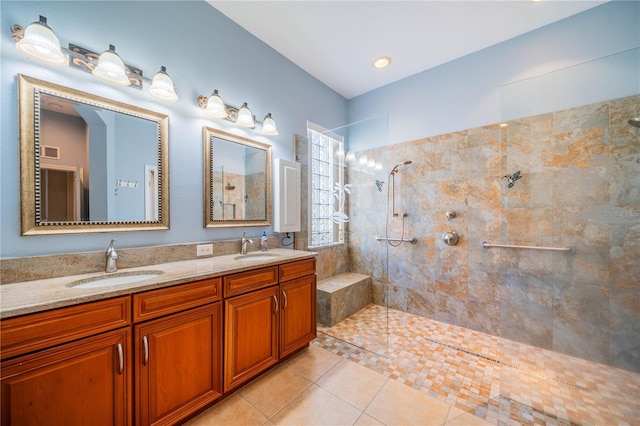 445 Noble Faire Dr, Sun City Center, FL 33573 - full bathroom with walk in shower, double vanity, and tile patterned floors