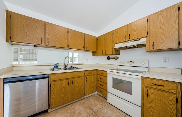 7763 Jenner Ave, New Port Richey, FL 34655 - kitchen featuring dishwasher, white electric range, under cabinet range hood, a sink, and vaulted ceiling