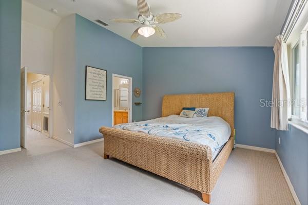 11162 Kapok Grand Cir, Madeira Beach, FL 33708 - bedroom featuring lofted ceiling, carpet flooring, multiple windows, connected bathroom, and ceiling fan