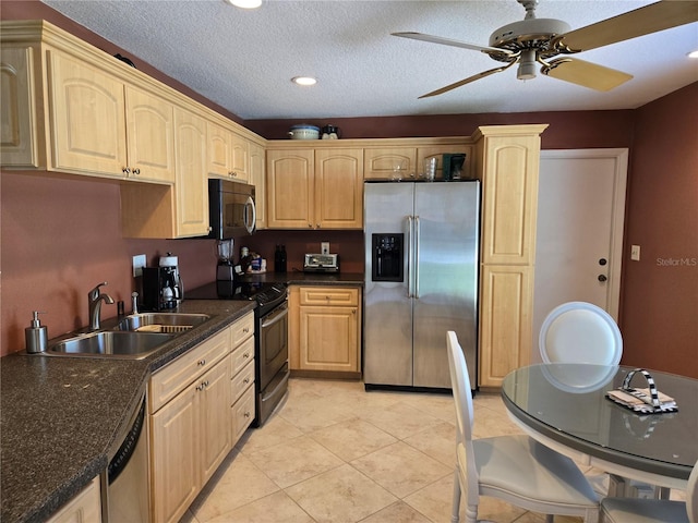 827 Creekside Ln, Palm Harbor, FL 34684 - kitchen with appliances with stainless steel finishes, a sink, light brown cabinets, a ceiling fan, and recessed lighting