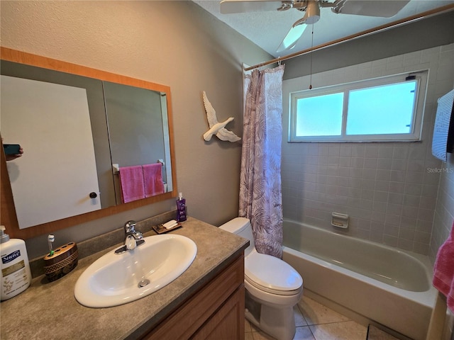 827 Creekside Ln, Palm Harbor, FL 34684 - full bath with ceiling fan, vanity, shower / tub combo with curtain, toilet, and tile patterned floors