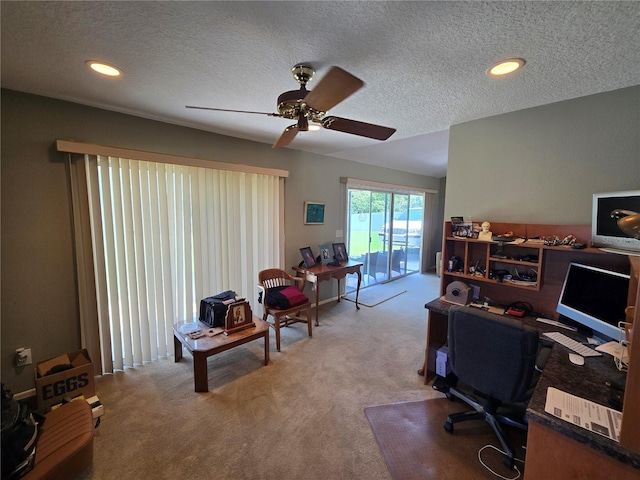 827 Creekside Ln, Palm Harbor, FL 34684 - office area featuring carpet, a ceiling fan, a textured ceiling, and recessed lighting