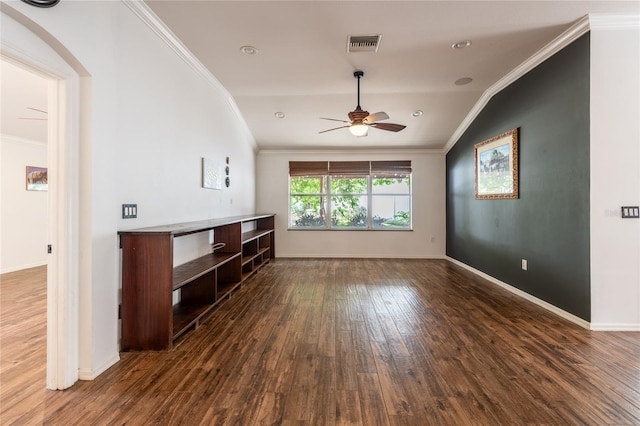 2008 Berry Lake Dr, Brandon, FL 33510 - unfurnished living room with crown molding, dark wood finished floors, visible vents, and ceiling fan