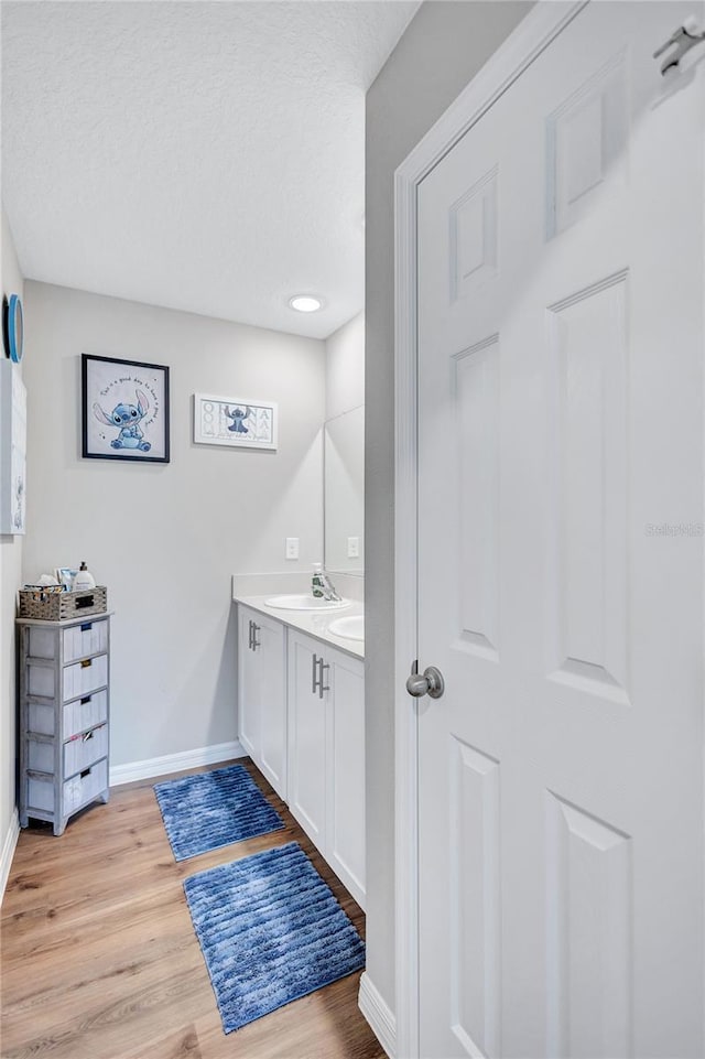 12710 Hysmith Loop, Parrish, FL 34219 - bathroom with baseboards, double vanity, wood finished floors, and a textured ceiling