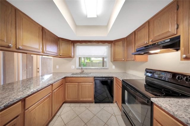 2048 Los Lomas Dr, Clearwater, FL 33763 - kitchen featuring black appliances, under cabinet range hood, a sink, light tile patterned flooring, and a tray ceiling