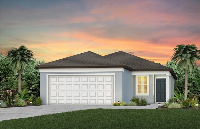 6780 SW 90th Loop, Ocala, FL 34476 - ranch-style home with concrete driveway, a garage, stucco siding, a shingled roof, and a front lawn