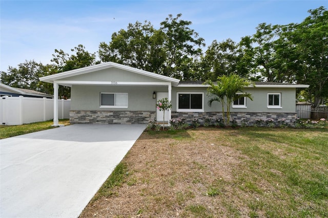 view of front of house with stone siding, stucco siding, and driveway
