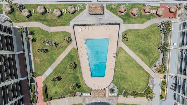 drone / aerial view of a pool