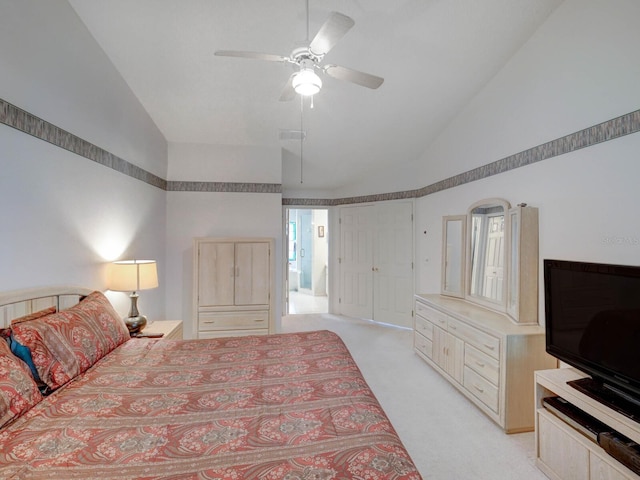 bedroom featuring light colored carpet, high vaulted ceiling, and a ceiling fan