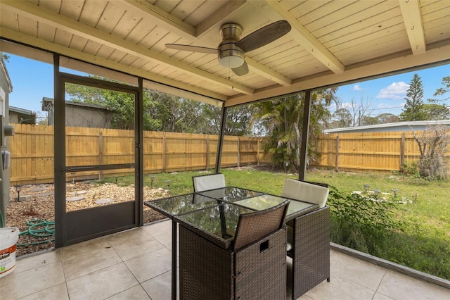 sunroom featuring a ceiling fan, beam ceiling, healthy amount of natural light, and outdoor dining area