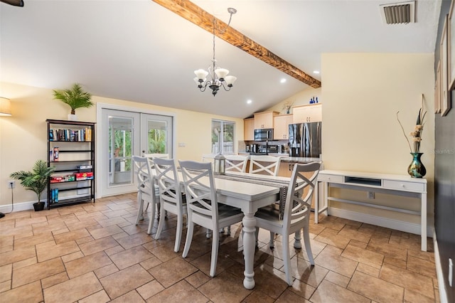 1041 Forest Grove Blvd, Palm Harbor, FL 34683 - dining space featuring french doors, a chandelier, light stone finish flooring, baseboards, and recessed lighting