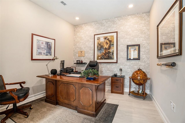 4329 Barletta Ct, Wesley Chapel, FL 33543 - office featuring baseboards, brick wall, and recessed lighting