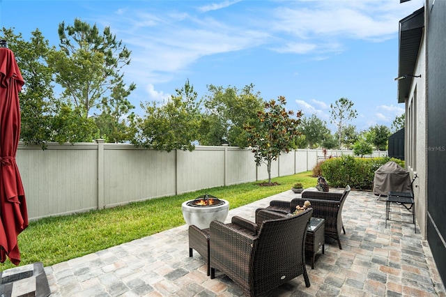 4329 Barletta Ct, Wesley Chapel, FL 33543 - fenced backyard featuring an outdoor fire pit, grilling area, and a patio area