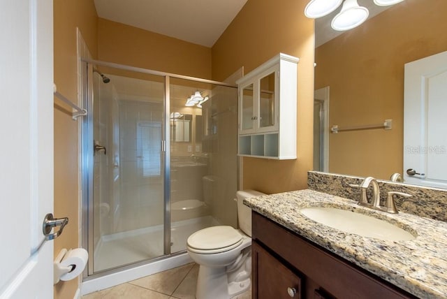 12352 Crestridge Loop, New Port Richey, FL 34655 - bathroom featuring tile patterned floors, a stall shower, toilet, and vanity
