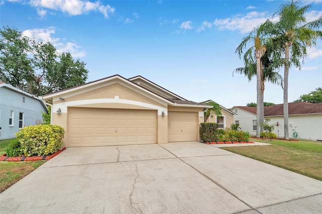815 Sandy Trail Pl, Brandon, FL 33511 - ranch-style house featuring stucco siding, concrete driveway, an attached garage, and a front lawn