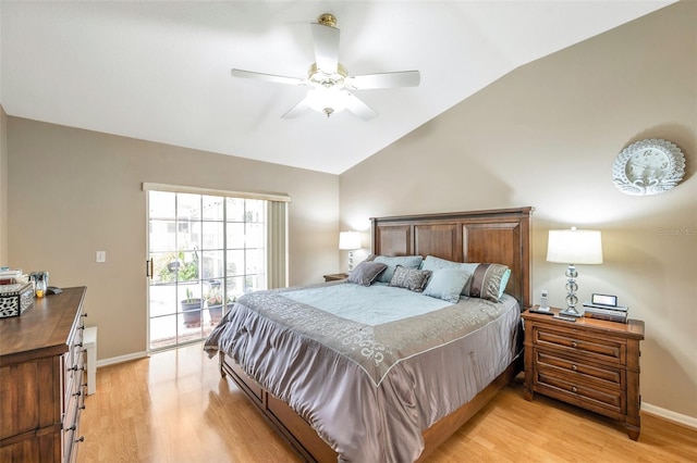 815 Sandy Trail Pl, Brandon, FL 33511 - bedroom featuring vaulted ceiling, light wood-type flooring, access to exterior, baseboards, and ceiling fan