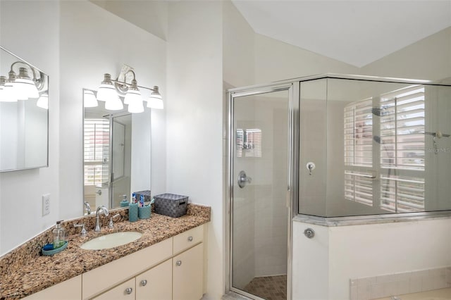 815 Sandy Trail Pl, Brandon, FL 33511 - bathroom with a stall shower, lofted ceiling, and vanity