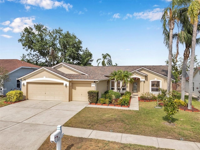 815 Sandy Trail Pl, Brandon, FL 33511 - ranch-style house featuring stucco siding, a garage, a front yard, driveway, and a shingled roof