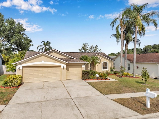 815 Sandy Trail Pl, Brandon, FL 33511 - ranch-style home with stucco siding, a front lawn, driveway, and a garage