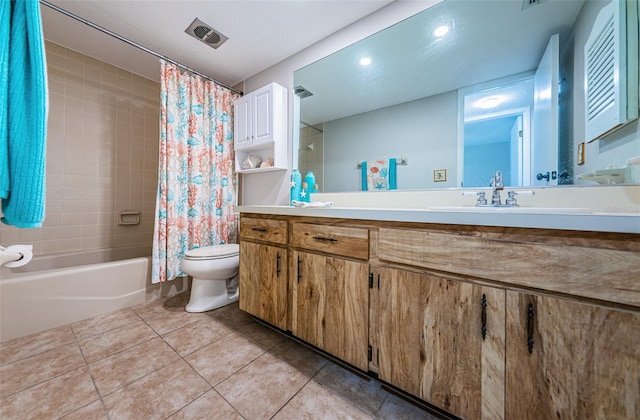 full bath with tile patterned floors, toilet, shower / bathtub combination with curtain, and vanity