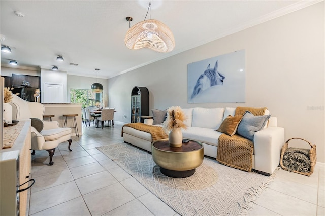 1594 Cassius St, Lutz, FL 33549 - living room with crown molding, light tile patterned floors, and arched walkways