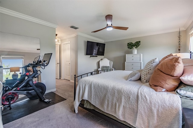 1594 Cassius St, Lutz, FL 33549 - bedroom featuring carpet floors, crown molding, baseboards, and a ceiling fan