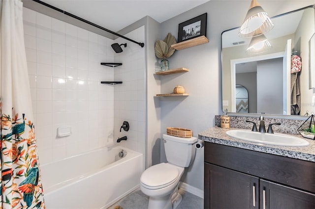 1594 Cassius St, Lutz, FL 33549 - bathroom featuring toilet, shower / bath combination with curtain, vanity, and baseboards