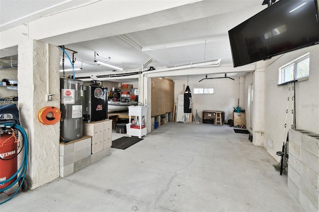 garage featuring water heater