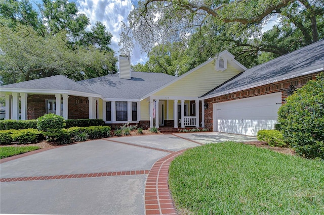 124 Barrington Dr, Brandon, FL 33511 - ranch-style home featuring a porch, brick siding, an attached garage, a chimney, and concrete driveway
