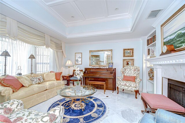 124 Barrington Dr, Brandon, FL 33511 - living room featuring ornamental molding, a high end fireplace, and a raised ceiling