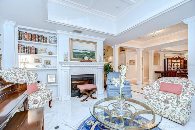 124 Barrington Dr, Brandon, FL 33511 - living area with decorative columns, ornamental molding, and a high end fireplace
