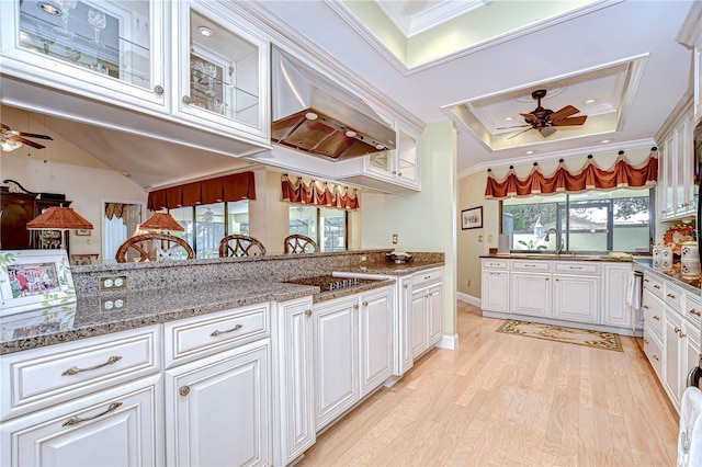 124 Barrington Dr, Brandon, FL 33511 - kitchen with a ceiling fan, a tray ceiling, crown molding, white cabinets, and light wood-style floors