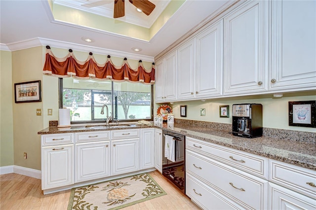 124 Barrington Dr, Brandon, FL 33511 - kitchen with a sink, dishwashing machine, ornamental molding, a raised ceiling, and ceiling fan