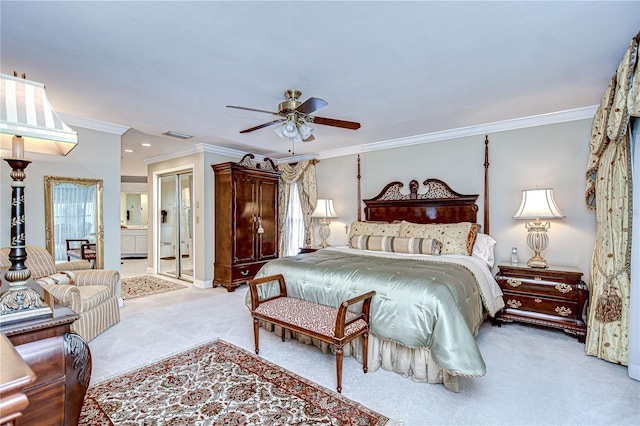 124 Barrington Dr, Brandon, FL 33511 - bedroom with light colored carpet, crown molding, recessed lighting, ensuite bathroom, and a ceiling fan