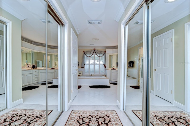 124 Barrington Dr, Brandon, FL 33511 - full bath with ornamental molding, vanity, a bathtub, and tile patterned floors