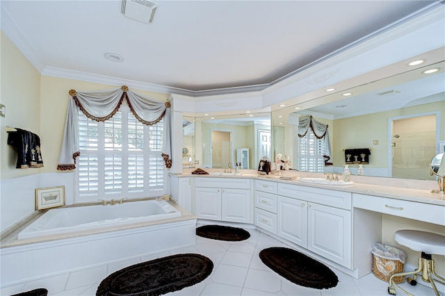 124 Barrington Dr, Brandon, FL 33511 - full bath with a stall shower, a garden tub, crown molding, double vanity, and tile patterned floors