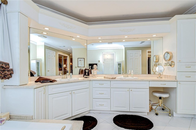 124 Barrington Dr, Brandon, FL 33511 - ensuite bathroom with ornamental molding, recessed lighting, double vanity, a shower with door, and tile patterned flooring