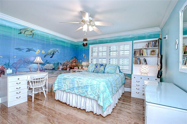 124 Barrington Dr, Brandon, FL 33511 - bedroom featuring ornamental molding, wood finished floors, ceiling fan, and a desk
