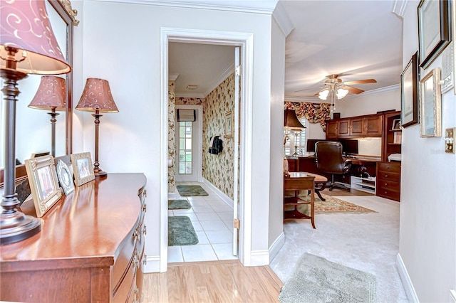 124 Barrington Dr, Brandon, FL 33511 - hallway with ornamental molding, a desk, wallpapered walls, and baseboards