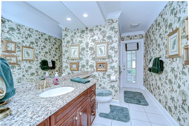 124 Barrington Dr, Brandon, FL 33511 - bathroom with ornamental molding, tile patterned flooring, toilet, vanity, and baseboards