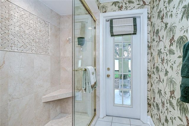 124 Barrington Dr, Brandon, FL 33511 - bathroom with a shower stall, tile patterned flooring, and wallpapered walls