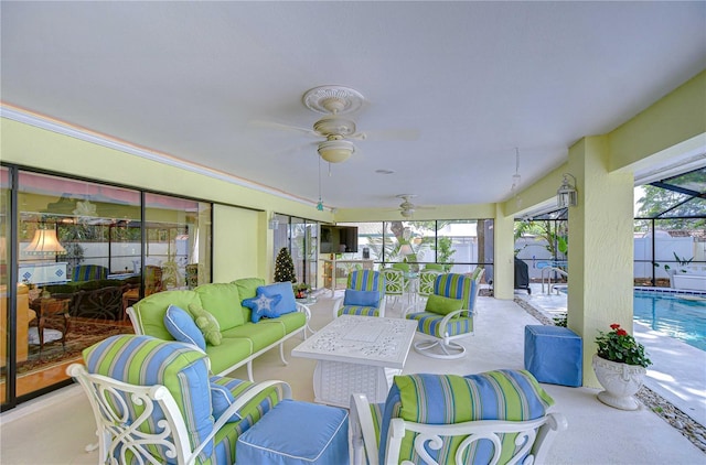 124 Barrington Dr, Brandon, FL 33511 - view of patio featuring an outdoor hangout area, a ceiling fan, a lanai, and fence