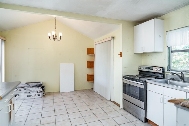 kitchen with electric stove, a sink, white cabinetry, lofted ceiling, and a chandelier