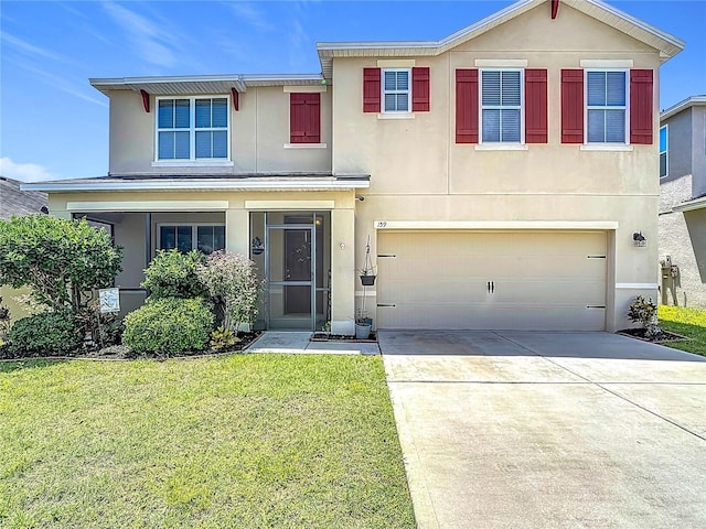 159 Lazy Willow Dr, Davenport, FL 33897 - traditional-style home with stucco siding, an attached garage, a front lawn, and concrete driveway
