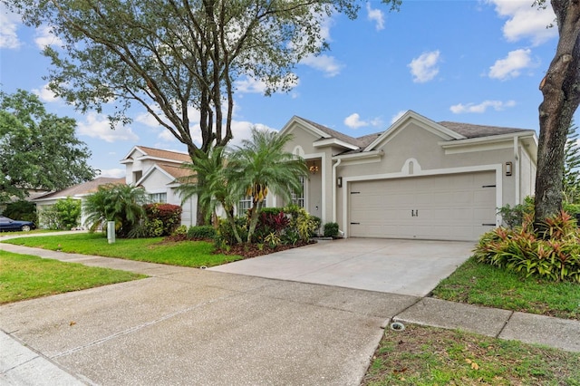 5628 Terrain De Golf Dr, Lutz, FL 33558 - ranch-style home featuring concrete driveway, an attached garage, stucco siding, and a front yard